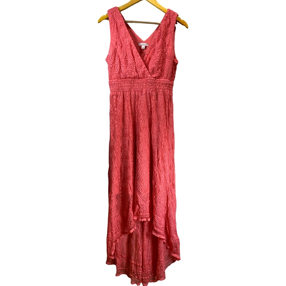 Established 1962 Coral Pink Lace High Low Maxi Dress Smocked Coquette Size 10